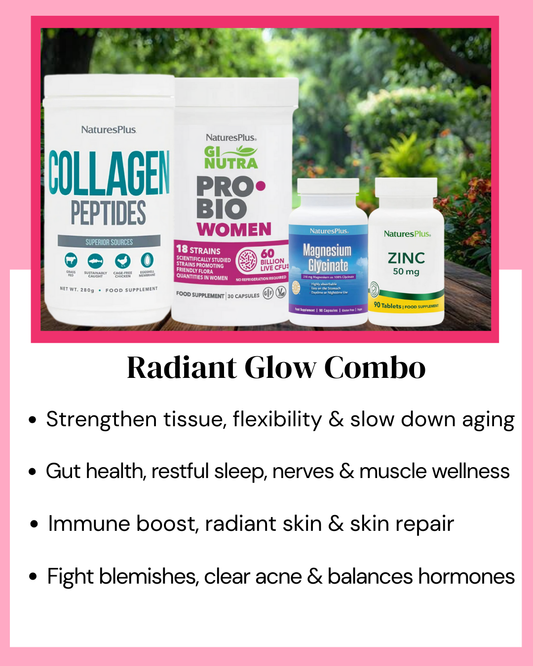 Radiant Glow Package – Collagen Peptides with Vitamin C + Probiotics for Women + Magnesium Glycinate + Zinc