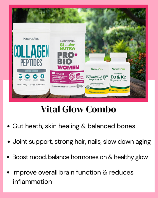 Vital Glow Combo – Collagen Peptides with Vitamin C + Probiotics for Women + Ultra Omega 3/6/9 + Vitamin D3 & K2